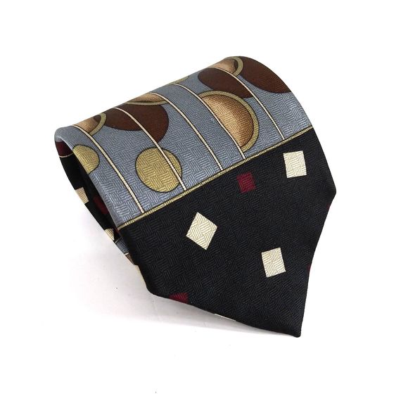 Stuart Brooks Mens Necktie 100% Silk Black Red Geometric Tie - 57.50" x 3.75" - Picture 1 of 6